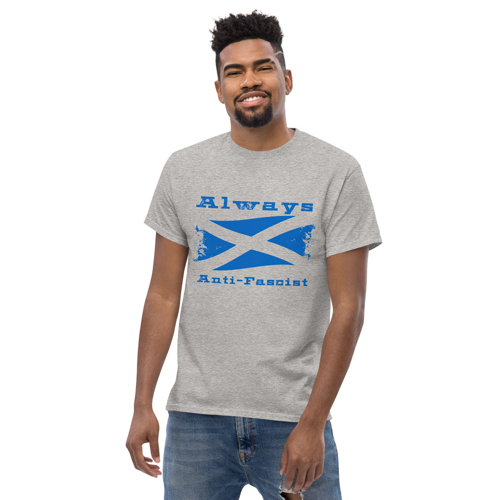 Activist attire grey tee-shirt with scotland flag and anti-fascist logo