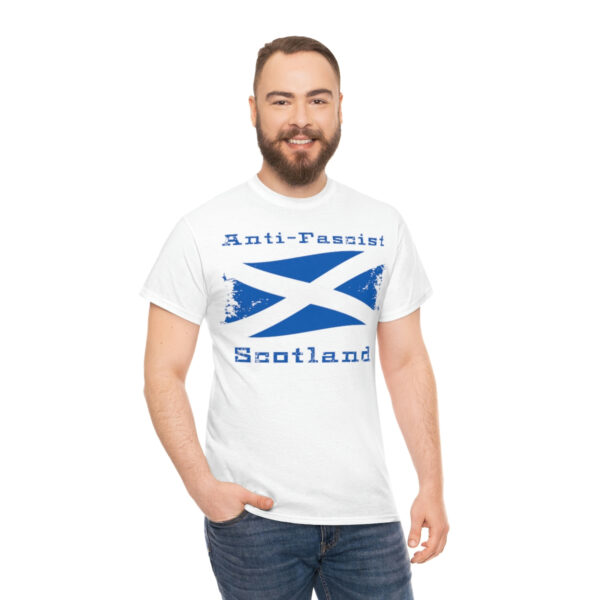 Anti-Fascist Scotland T-shirt with a smiling bearded man