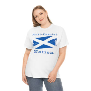 Anti-fascist T-shirt with scotland flag worn by a smiling woman